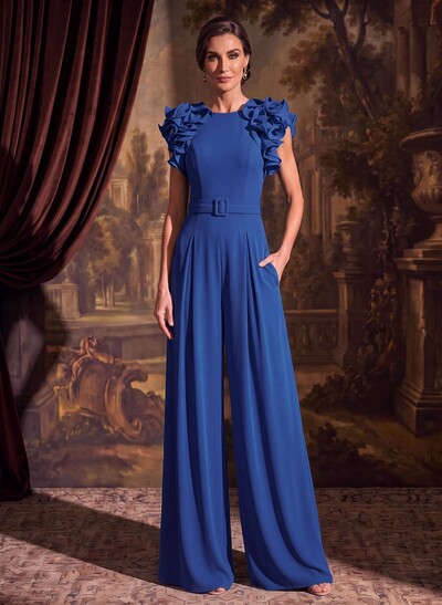 Jumpsuit/Pantsuit Scoop Neck Stretch Chiffon Mother Of The Bride Dresses With Cascading Ruffles