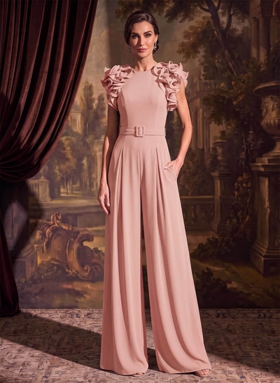 Jumpsuit/Pantsuit Scoop Neck Stretch Chiffon Mother Of The Bride Dresses With Cascading Ruffles
