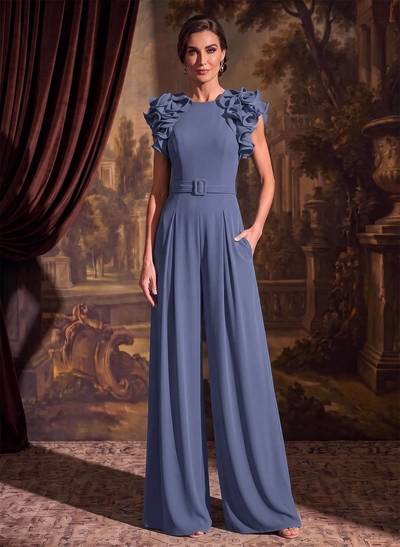 Jumpsuit/Pantsuit Scoop Neck Stretch Chiffon Mother Of The Bride Dresses With Cascading Ruffles