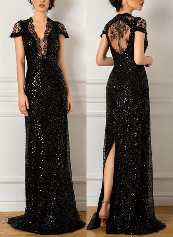 Sequined Lace V-Neck Mother Of The Bride Dresses - Missacc Sequined Lace V-Neck Mother Of The Bride Dresses - Missacc