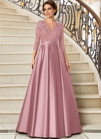 Lace V-Neck Sleeves A-Line Satin Mother Of The Bride Dresses