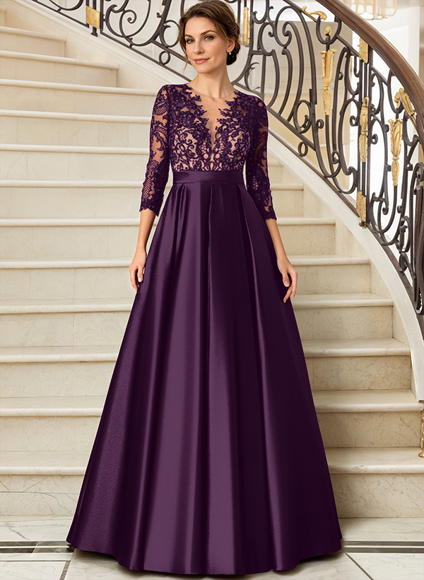 Purple dresses for special occasion dresses - Lace V-Neck Sleeves A-Line Satin Mother Of The Bride Dress