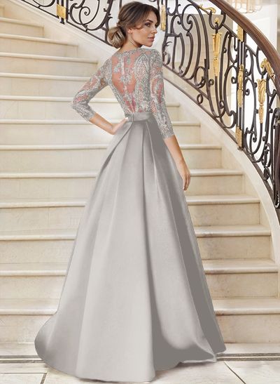 Lace V-Neck Sleeves A-Line Satin Mother Of The Bride Dresses