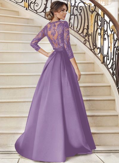 Lace V-Neck Sleeves A-Line Satin Mother Of The Bride Dresses