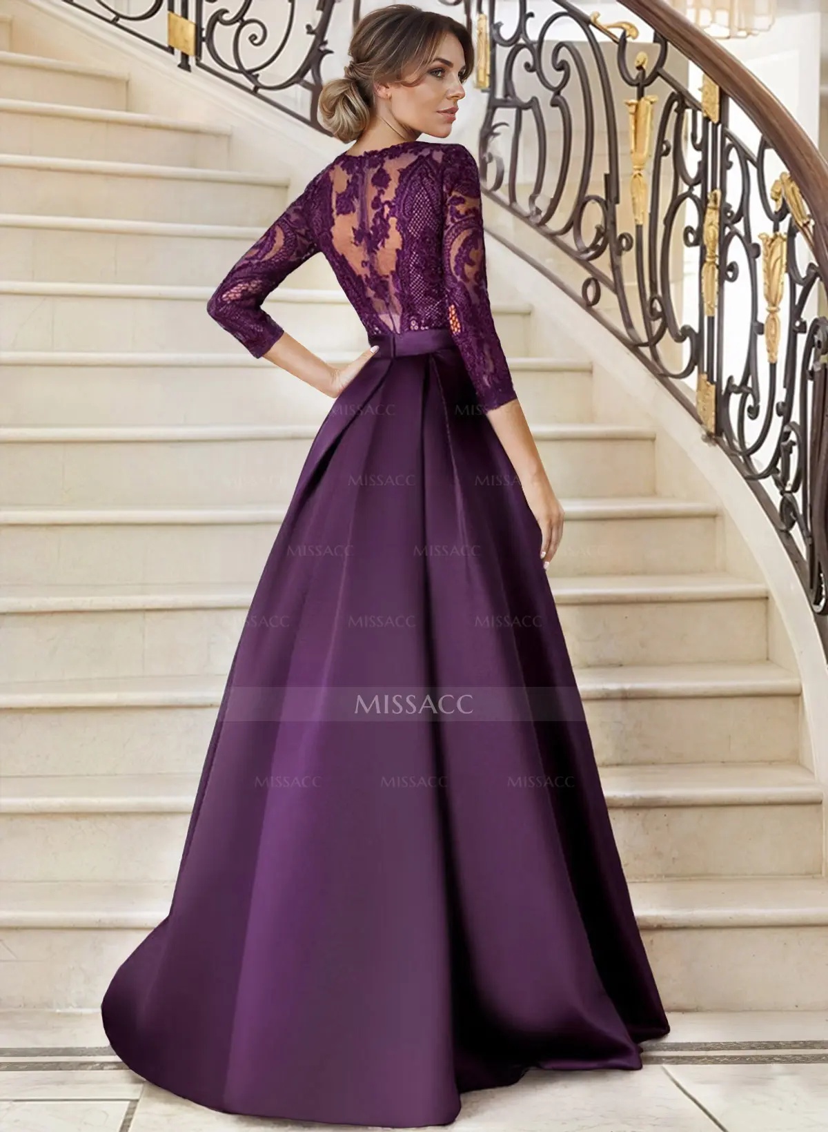 Lace V-Neck Sleeves A-Line Satin Mother Of The Bride Dresses - Missacc