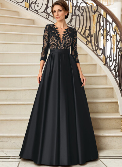 Lace V-Neck Sleeves A-Line Satin Mother Of The Bride Dresses