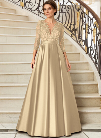 Lace V-Neck Sleeves A-Line Satin Mother Of The Bride Dresses