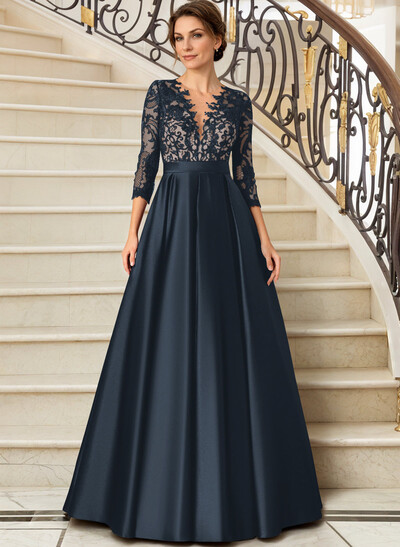 Lace V-Neck Sleeves A-Line Satin Mother Of The Bride Dresses