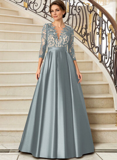 Lace V-Neck Sleeves A-Line Satin Mother Of The Bride Dresses