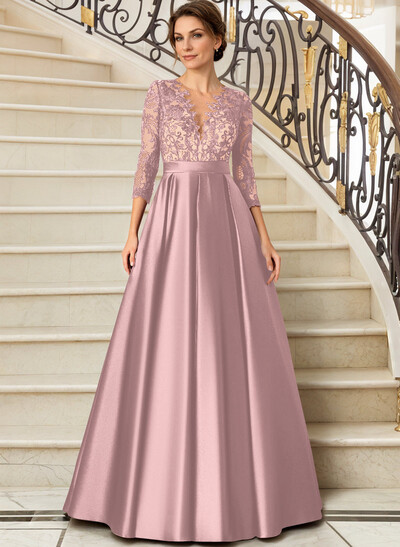 Lace V-Neck Sleeves A-Line Satin Mother Of The Bride Dresses