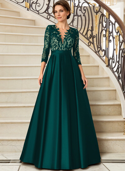 Lace V-Neck Sleeves A-Line Satin Mother Of The Bride Dresses