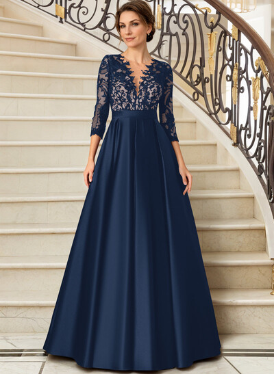 Lace V-Neck Sleeves A-Line Satin Mother Of The Bride Dresses