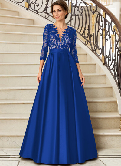 Lace V-Neck Sleeves A-Line Satin Mother Of The Bride Dresses