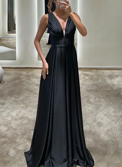 A-Line V-Neck Sleeveless Silk Like Satin Mother Of The Bride Dresses With Split Front