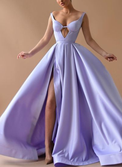 Sexy V-Neck A-Line Satin High Slit Prom Dresses