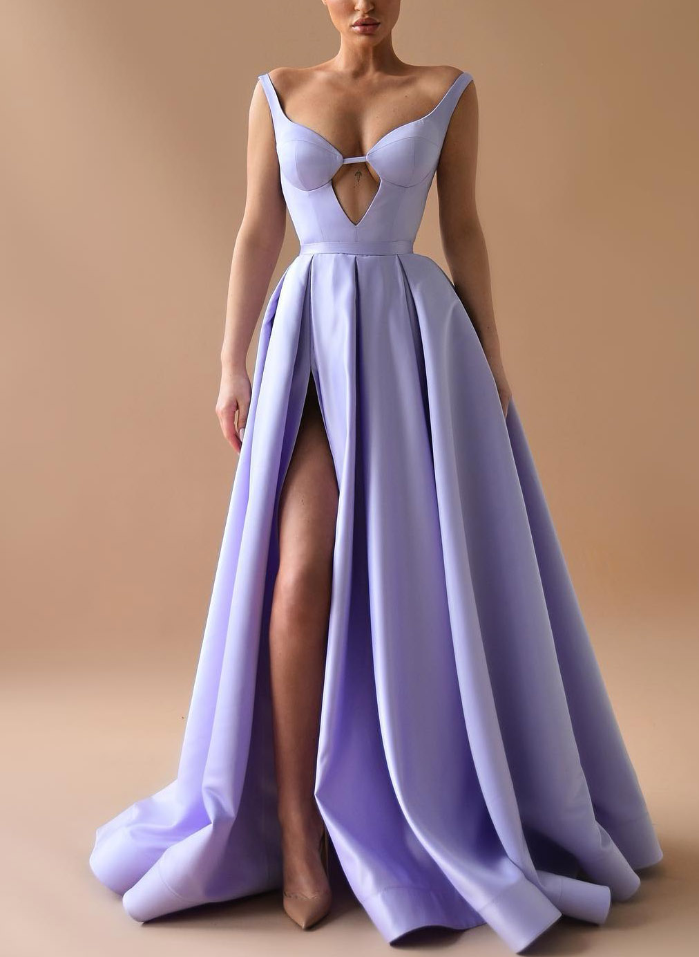 Sexy V-Neck A-Line Satin High Slit Prom Dresses