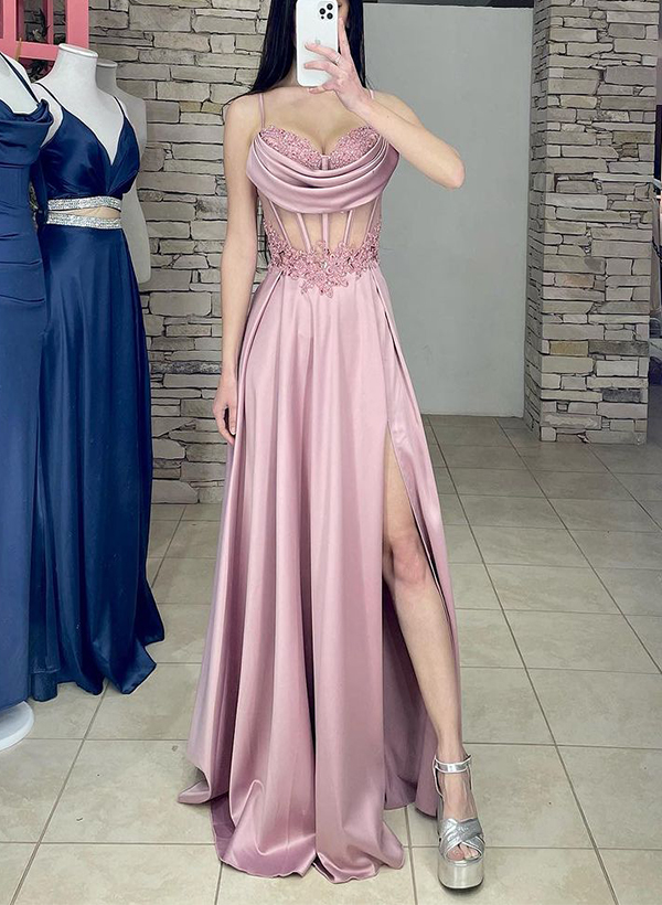Forme Fourreau Amoureux Soie Comme Du Satin Robes De Bal Avec Front Fendu