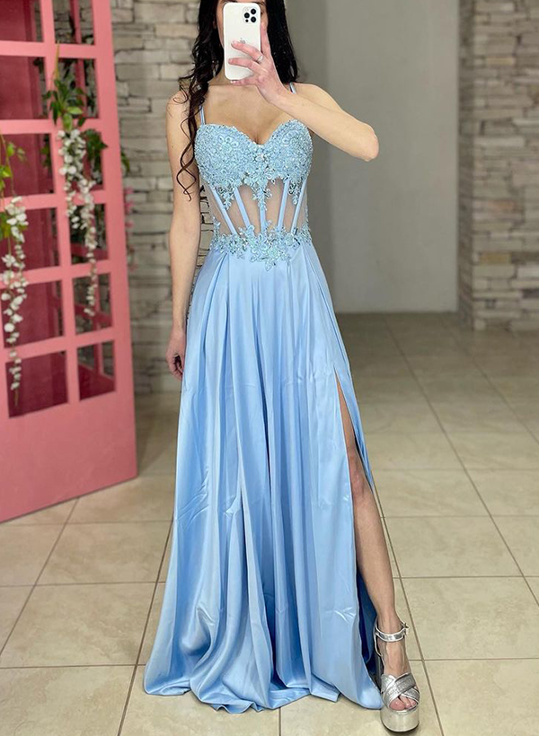Sheath/Column Sweetheart Silk Like Satin Prom Dresses With Appliques Lace