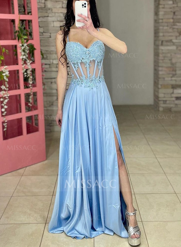 Sheath/Column Sweetheart Silk Like Satin Prom Dresses With Appliques Lace