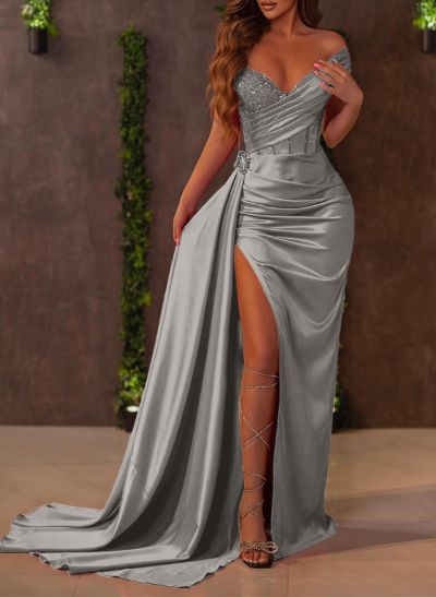 Sheath/Column Off-The-Shoulder Sleeveless Sequined Prom Dresses