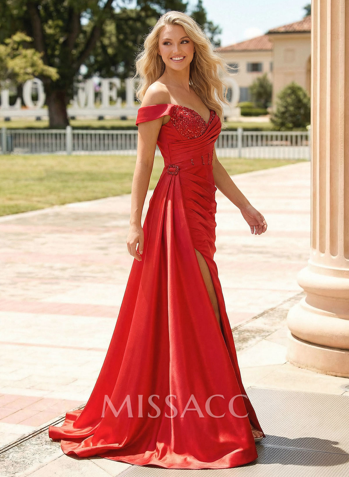 Sheath/Column Off-The-Shoulder Sleeveless Sequined Prom Dresses