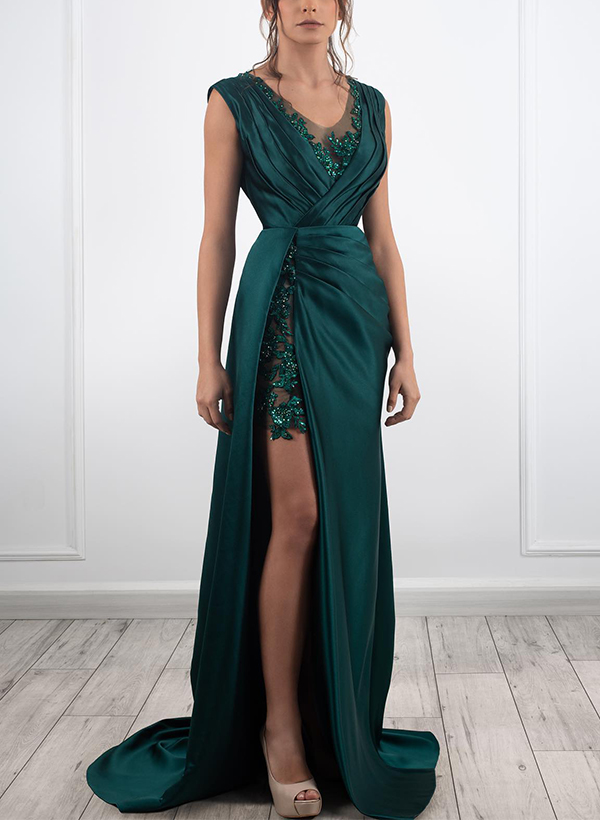 Sheath/Column V-Neck Sleeveless Sequined Prom Dresses With Split Front