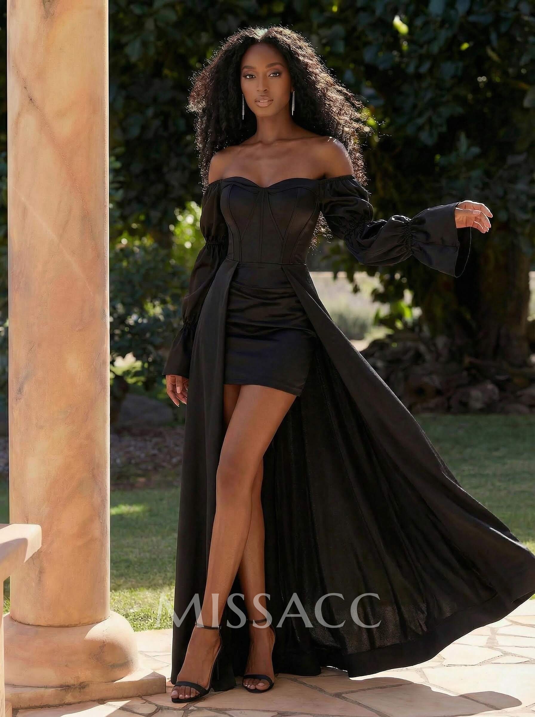 A-Line Off-The-Shoulder Long Sleeves Sweep Train Satin Prom Dresses A-Line Off-The-Shoulder Long Sleeves Sweep Train Satin Prom Dresses