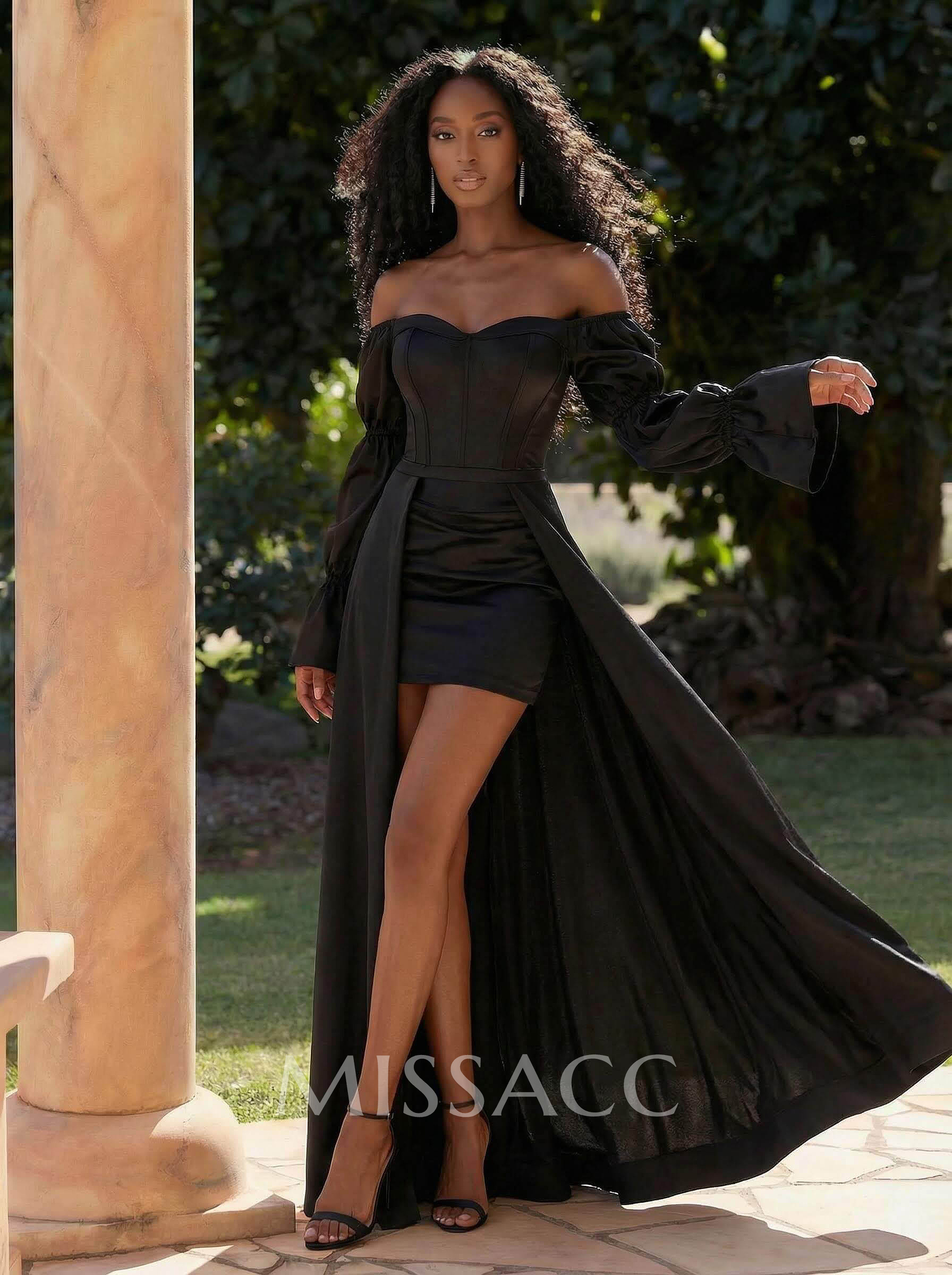 A-Line Off-The-Shoulder Long Sleeves Sweep Train Satin Prom Dresses A-Line Off-The-Shoulder Long Sleeves Sweep Train Satin Prom Dresses
