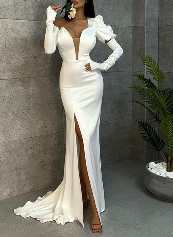 Trumpet/Mermaid Asymmetrical Long Sleeves Satin Prom Dresses With Split Front
