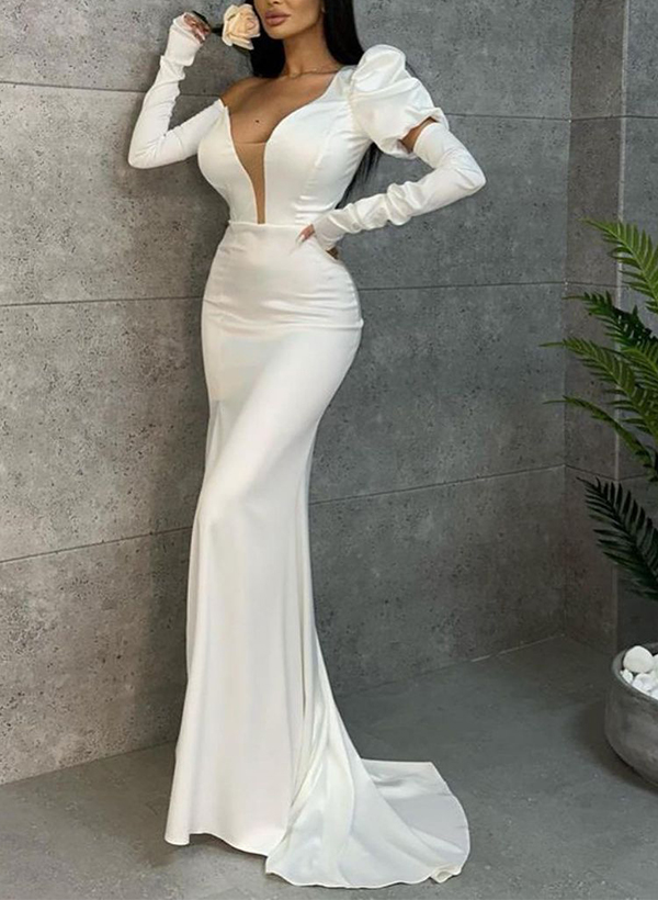 Trumpet/Mermaid Asymmetrical Long Sleeves Satin Prom Dresses With Split Front