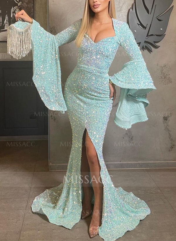 Trumpet/Mermaid Long Sleeves Sweep Train Sequined Prom Dresses With Split Front