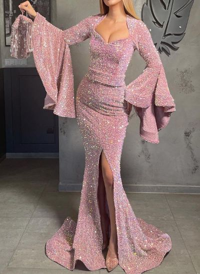 Trumpet/Mermaid Long Sleeves Sweep Train Sequined Prom Dresses With Split Front