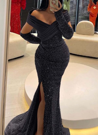 Trumpet/Mermaid Off-The-Shoulder Sequined Prom Dresses With High Split