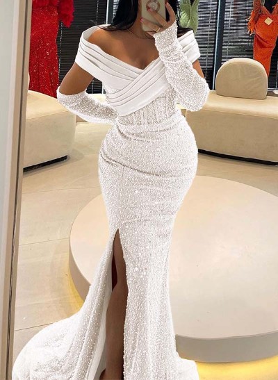 Trumpet/Mermaid Off-The-Shoulder Sequined Prom Dresses With High Split
