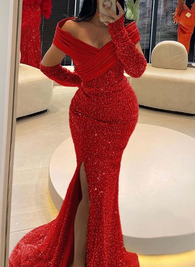 Trumpet/Mermaid Off-The-Shoulder Sequined Prom Dresses With High Split