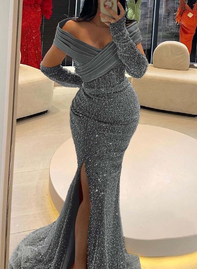 Trumpet/Mermaid Off-The-Shoulder Sequined Bridesmaid Dresses With High Split