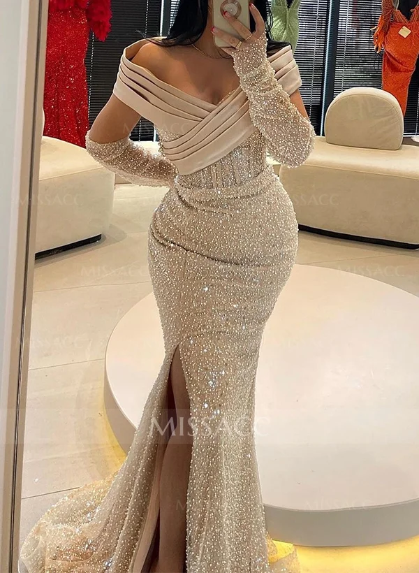 Missacc Gold Prom Dresses Trumpet/Mermaid Off-The-Shoulder Sequined Prom Dresses with High Split