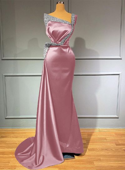 Sheath/Column One-Shoulder Sweep Train Satin Bridesmaid Dresses With Rhinestone