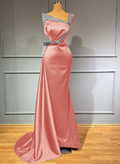 Sheath/Column One-Shoulder Sweep Train Satin Bridesmaid Dresses With Rhinestone