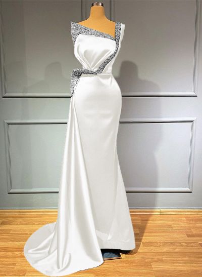 Sheath/Column One-Shoulder Sleeveless Satin Prom Dresses With Rhinestone