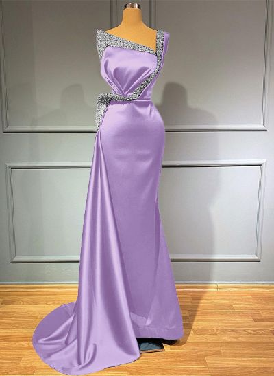 Sheath/Column One-Shoulder Sweep Train Satin Bridesmaid Dresses With Rhinestone