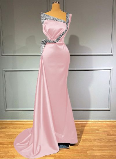 Sheath/Column One-Shoulder Sweep Train Satin Bridesmaid Dresses With Rhinestone