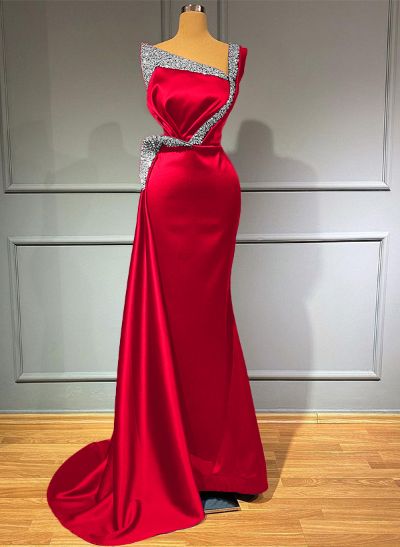 Sheath/Column One-Shoulder Sleeveless Satin Prom Dresses With Rhinestone