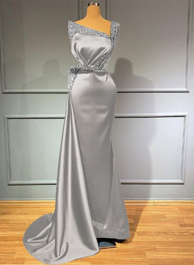 Sheath/Column One-Shoulder Sleeveless Satin Prom Dresses With Rhinestone