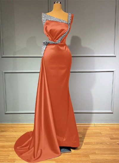 Sheath/Column One-Shoulder Sweep Train Satin Bridesmaid Dresses With Rhinestone