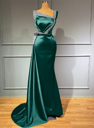 Sheath/Column One-Shoulder Sweep Train Satin Bridesmaid Dresses With Rhinestone
