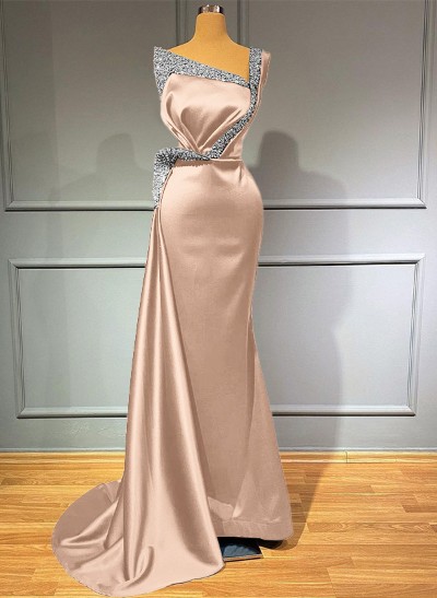 Sheath/Column One-Shoulder Sweep Train Satin Bridesmaid Dresses With Rhinestone