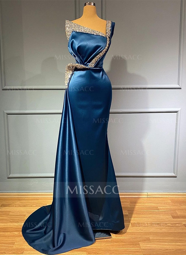 Sheath/Column One-Shoulder Sleeveless Satin Prom Dresses With Rhinestone