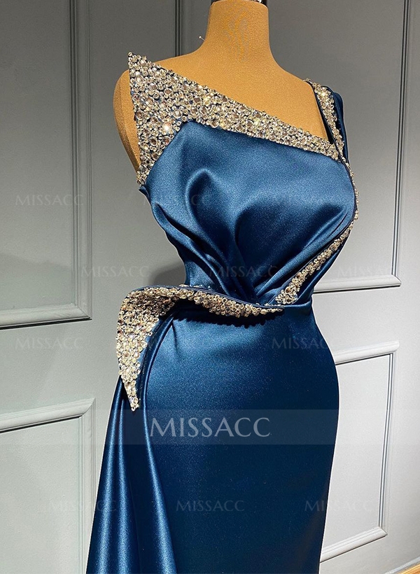 Sheath/Column One-Shoulder Sleeveless Satin Prom Dresses With Rhinestone