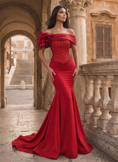 Trumpet/Mermaid Off-The-Shoulder Sleeveless Sweep Train Sequined Prom Dresses